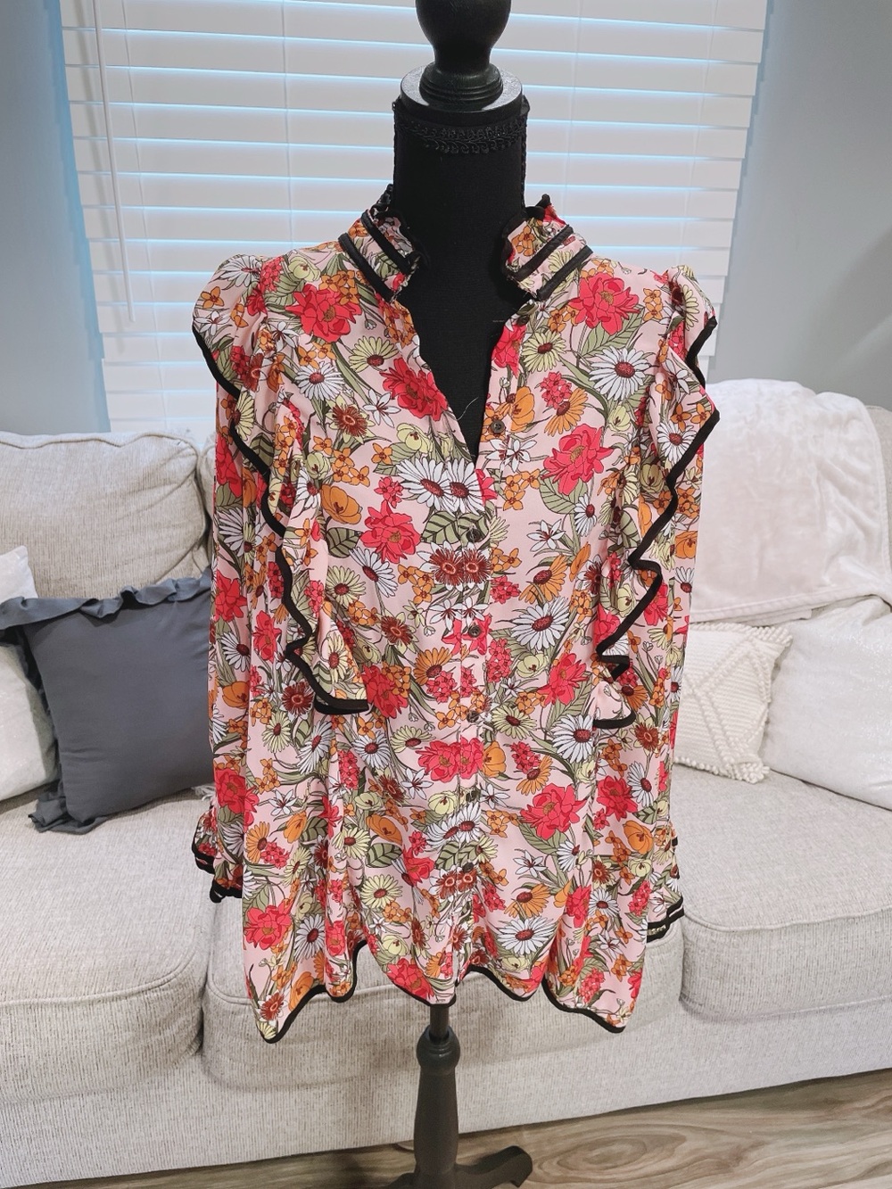 Dice Floral Ruffled Bohemian Button Down Blouse Size 3X